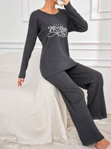 RueChic 100%Cotton Letter Graphic Drop Shoulder Tee & Pants Lounge Set - Dark Grey - View 5