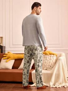 Happy Jammies Men's Bear Print Long Sleeve Top And Full Print Long Pants Loungewear Set - Grey - View 2