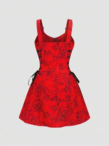 SHEIN Unity Women's Red Floral Print Adjustable Spaghetti Strap Tied Ribbon Bow Decor Dress - Red - View 2