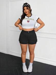 SHEIN EZwear 大码女式口袋磨损下摆可调节带扣设计休闲牛仔短裤 - 黑色 - 查看 4