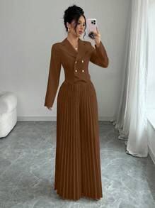 Elenzga 2 Pieces Set: Solid Color Button-Up Jacket And Wide-Leg Pleated Pants