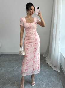 Elenzga 女士优雅性感情人节玫瑰印花网眼方领蝴蝶结褶皱紧身连衣裙，春夏 - 粉色 - 查看 5