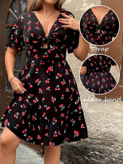 Breezaya Spring Summer Autumn Elegant Commute Lovely Romantic Casual Women Fashion Versatile Popular Cherry Blossom Fabric V-Neck Bowknot Ruffled Short Sleeve Elastic Waist Knot Front Design Black Red Plus Size Boho Dress