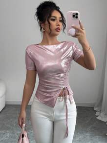 SHEIN Unity Women Off Shoulder Elastic Waist Gold Foil Short Sleeve Light-Colored T-Shirt - Pink - View 6