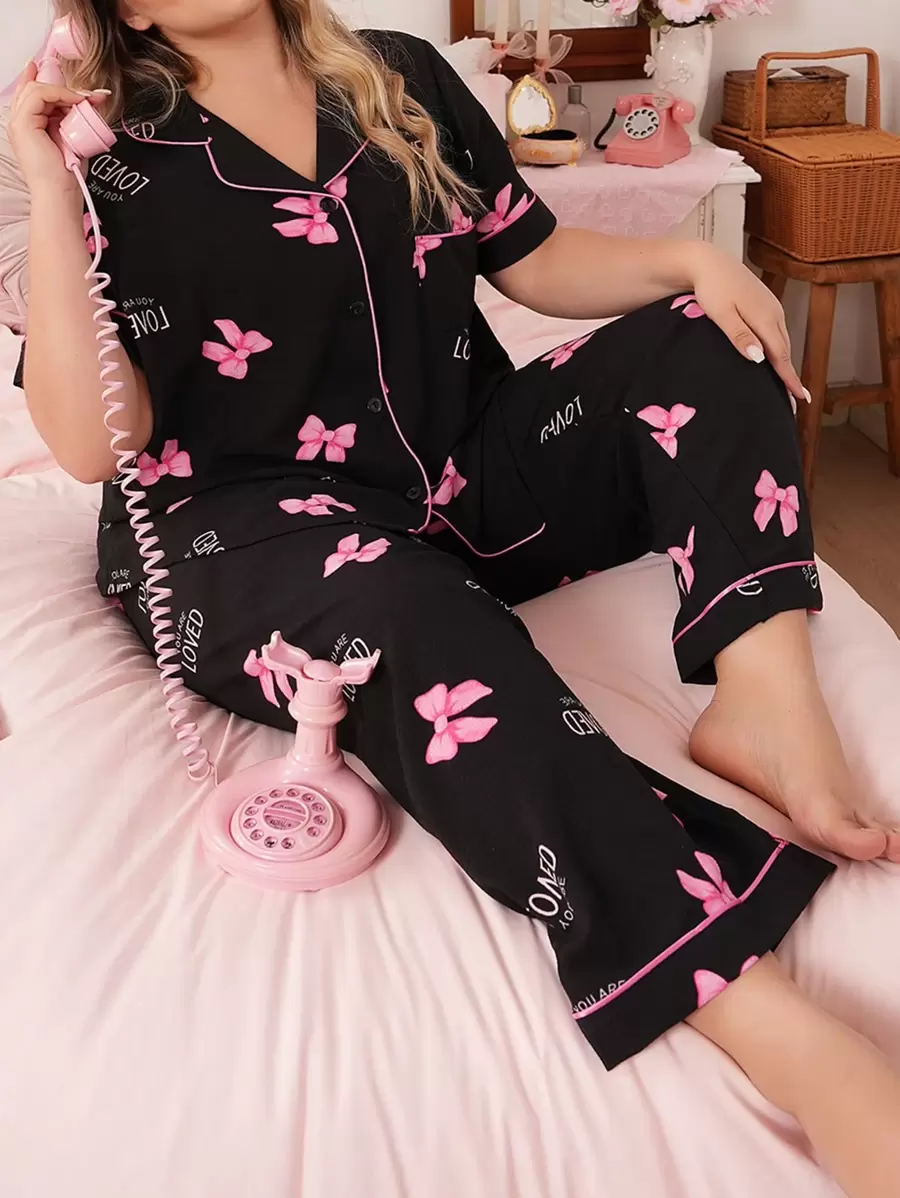 加大码女士字母蝴蝶结印花翻领撞色缝线上衣和裤子睡衣套装，圣诞节礼物