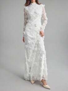 Ontre 2022 新款女士浪漫优雅 3D 花卉蕾丝白色春季 X 线连衣裙，立领，大下摆，长款女士连衣裙，带 3D 花朵 - 白色 - 查看 5