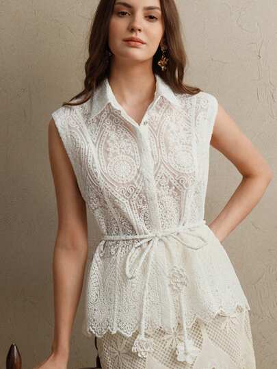 Anewsta 时尚优雅蕾丝拼布领无袖双排扣腰部系带荷叶边下摆衬衫上衣，节日、外出、度假装，适合女士、夏季、波西米亚风