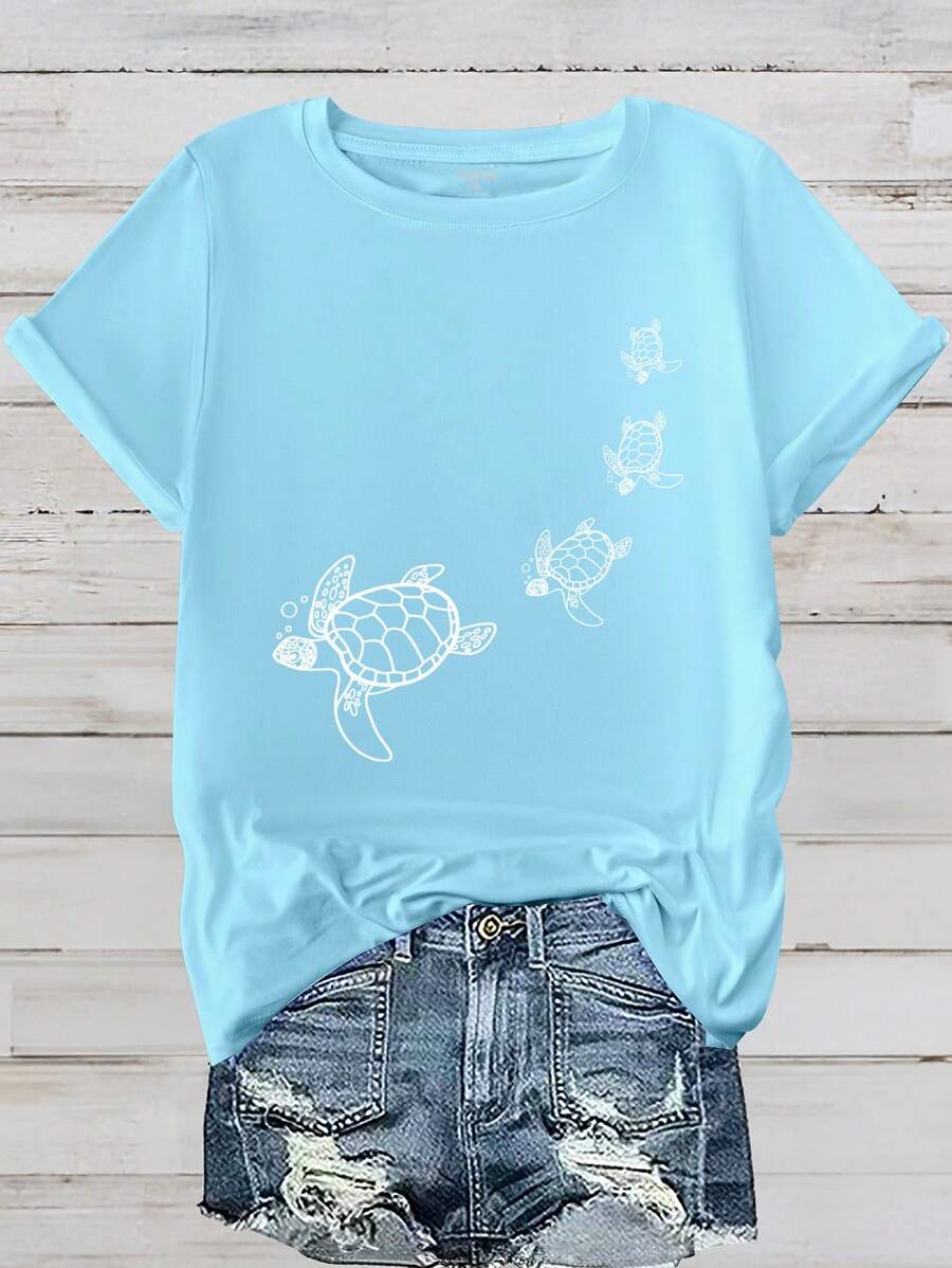 EMERY ROSE Plus Size Turtle Printed Short Sleeve Round Neck T-Shirt Graphic Tees Women Tops - Blue - View 1