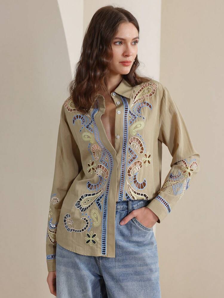 Elegant Spring Fashion Women Hollowed Out Embroidery Long Sleeve Collared Blouse