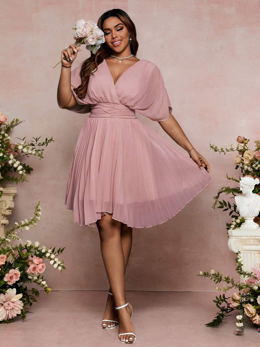SHEIN Belle Plus Size Women Solid Color Bat Sleeve Ruffled Wedding Guest Mini Dress - Pink - View 1