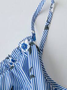 SHEIN Unity 大码女式条纹碎花系带吊带连衣裙、度假风格太阳裙 - 藍色 - 查看 4