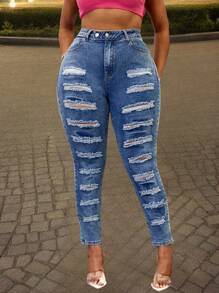 SHEIN SXY Plus Size Women Stretchy Sexy Ripped Skinny Jeans