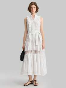 Ontre Elegant Solid Color Ruffle Hem Mesh Insert Dress Vacation Outfits Woman BOHO Embroidered - White - View 2