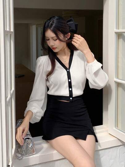 DAZY 女士 V 领单排扣拼色休闲长袖衬衫，秋季女装