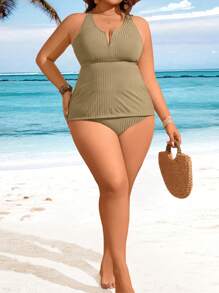 SHEIN Swim Lushore Conjunto de tankini de unicolor de talla grande, adecuado para resorts de playa