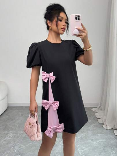 Rafferiza French Style Elegant Romantic Date/Casual Versatile Lantern Sleeve Round Neck Contrast Hem Bowknot Decor Non-Stretch Black Dress, Spring/Summer