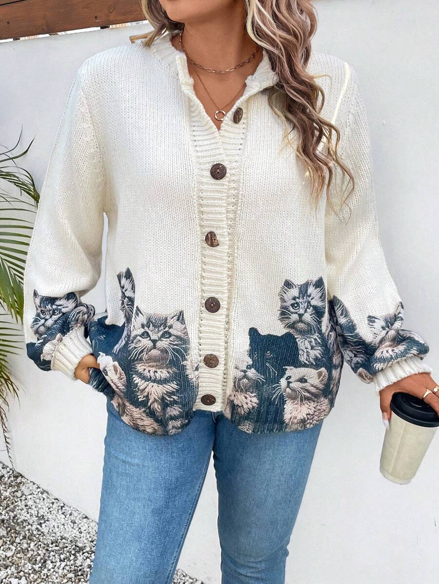 EMERY ROSE 大码女式猫咪图案长袖单排扣休闲宽松开衫，秋冬 - 彩色 - 查看 1