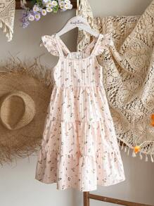 Vintaside Kids Girls' Stylish Korean-Style Ditsy Floral Suspender Dress, Suitable For Beach Vacation, Travel And Photography, Giving A Fashionable And Fresh Feeling, A Must-Have Summer Dress - Apricot - View 4