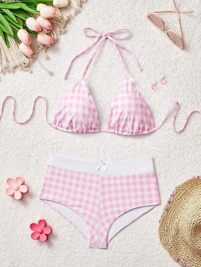 SHEIN MOD Summer Beach Checkered V-Neck Halter Bikini Set,Beach Outfits For Women, Plaid, Cute, Kawaii
