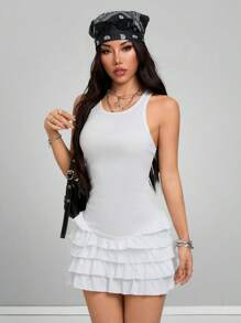 Coolane Women's Spring/Summer Date Night Streetwear Concert Y2K Ruffle Knit Mini Dress - White - View 5