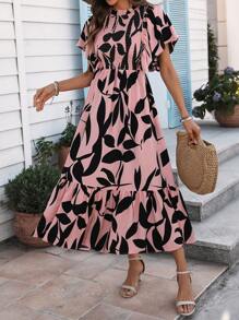 SHEIN Clasi Allover Print Ruffle Sleeve Vacation Beach Dress