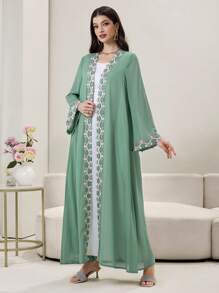 Al Najma Spring/Summer Kaftan With Headscarf, Lapel, Floral Trim Bell Sleeves, Flowing Maxi Silhouette, Arabic Style Robe, Modest Abaya - Green - View 4
