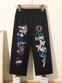 1 pièce Leggings décontractés pour jeune fille avec imprimé graffiti à la mode, slogan et motif dessin animé. Vêtements confortables pour les vacances des filles