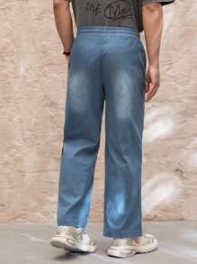 Manfinity VCAY Pantalones casuales de corte regular para hombre con efecto desteñido, parche y decoración desestructurada, pierna recta y relajada - Azul - Ver 2