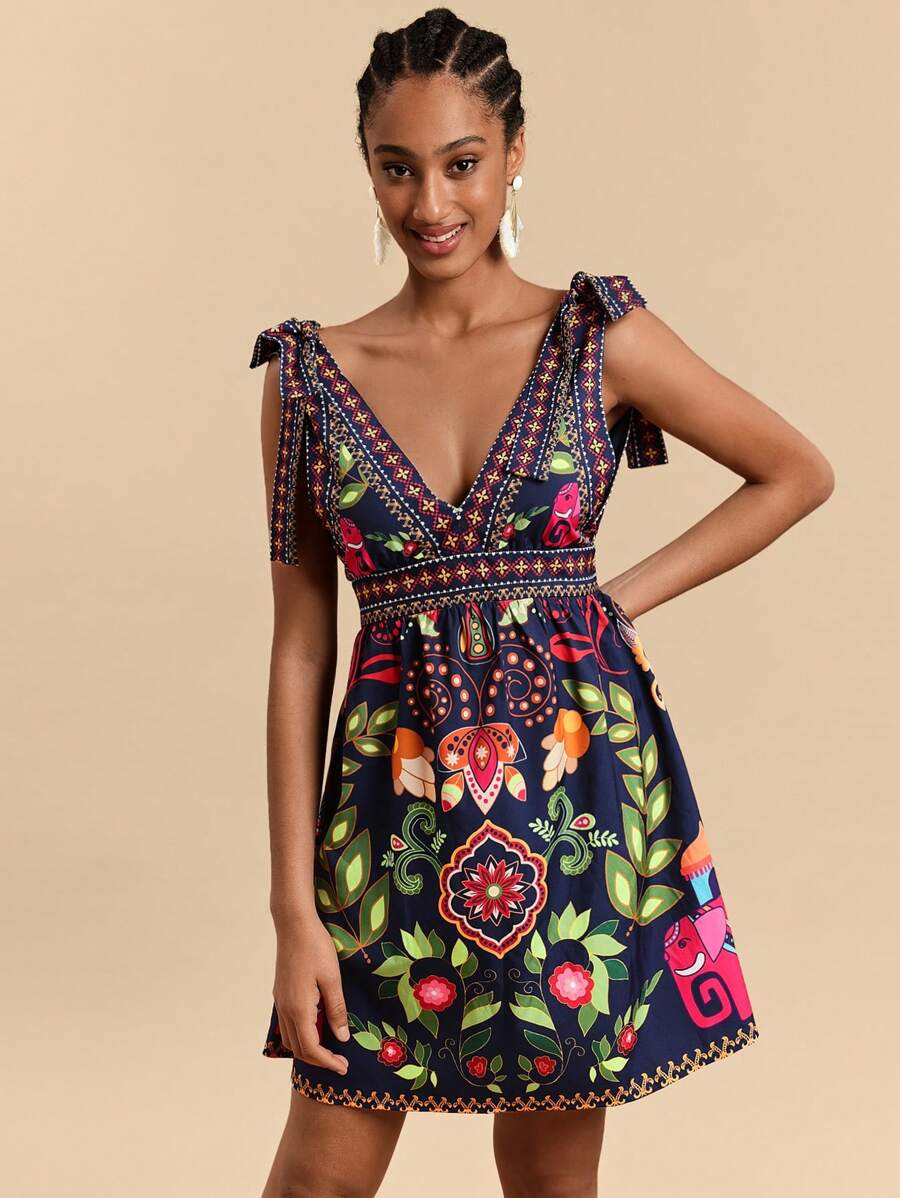 Travachic Robe mini à encolure en V avec épaules dénudées imprimée, tissée pour femmes