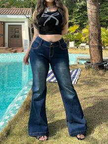 SHEIN MOD Plus Size Women Lace Splice Blue Denim Skinny Flare Legs Jeans