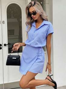 Siren Gaze Váy bút chì nàng tiên cá màu xanh và trắng cho nữ, váy công sở vừa vặn, váy sơ mi sọc xanh và trắng cho buổi tiệc tụ tập, váy dạo phố cho nữ váy mùa hè cho nữ váy ngắn cho nữ váy xanh cho nữ váy cocktail cho nữ, trang phục công sở giản dị cho nữ - Xanh và trắng - Xem 6