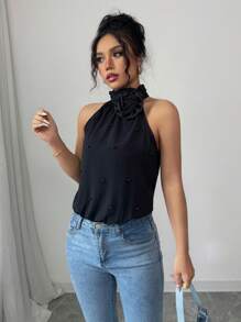 Elenzga Women 3D Floral Decor Halter Neck Bodysuit - Black - View 4