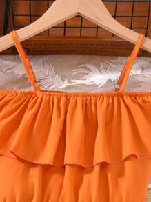 2pcs Tween Girls Orange Off Shoulder Cropped Cami Top & Colorful Tropical Leaf Printed Matching Set, Spring/Summer Holiday