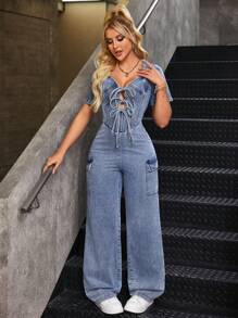 SHEIN BAE 女士前系带短袖工装口袋休闲牛仔连身裤 - 藍色 - 查看 3