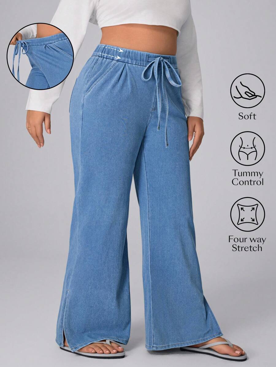 Flexra Plus Size Women Loose Stretchy Knit Denim Waistband Straight Leg Pants Apple Bottom Jeans - Blue - View 1