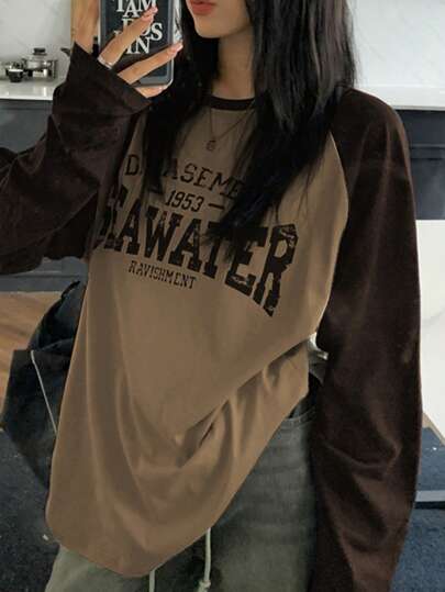 INAWLY Women Spring/Summer Loose Casual Letter Print Graphic T-Shirt Long Sleeve Raglan Sleeve Tees Women Tops For Spring Fall Cloth For Women