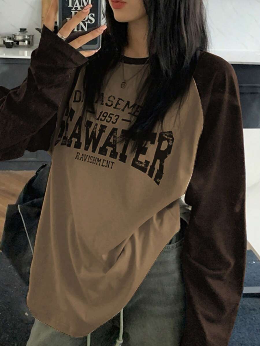 INAWLY Women Spring/Summer Loose Casual Letter Print Graphic T-Shirt Long Sleeve Raglan Sleeve Tees Women Tops For Spring Fall Cloth For Women