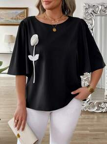 EMERY ROSE Plus Size Women's Woven Fabric Blouse, Round Neck, Chest Appliqued Flower, Balloon Sleeve, Beaded Back, Casual Elegant Daily Commute, Spring/Summer Short Sleeve Shirt. Fitted And Comfortable Design, Suitable For Music Festivals, Valentine's Day, Thanksgiving, New Year's, Christmas, Halloween And Other Holidays, Casual Gatherings, Beach Vacations, Park Picnics, Daily Commute, Wedding And Cocktail Parties. Comfortable Fabric, High Cost Performance. - Black - View 3