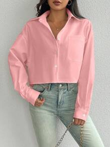 EMERY ROSE Áo sơ mi nữ tay dài đơn giản thả vai đơn giản có túi thường ngày - Hồng - Xem 4