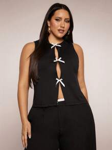 SHEIN BAE Plus Size Women Sleeveless Mesh Crisscross Bow Backless Vest Summer Top, Suitable For Daily Commute, Vacation, Summer Holiday, Graduation, Birthday, Mother's Day