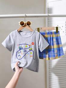 SHEIN 2 Pieces Set: Young Boys Animal & Train Graphic Grey Round Neck Short Sleeve T-Shirt + Blue & Yellow Plaid Pattern Printed Cinched Waist Casual Shorts, For Daily, Commute, Sports Wear - Multicolor - View 1