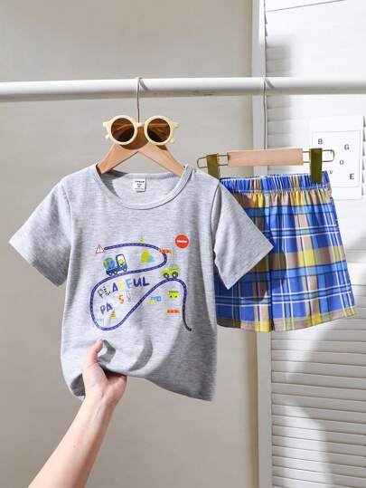 SHEIN 2 Pieces Set: Young Boys Animal & Train Graphic Grey Round Neck Short Sleeve T-Shirt + Blue & Yellow Plaid Pattern Printed Cinched Waist Casual Shorts, For Daily, Commute, Sports Wear