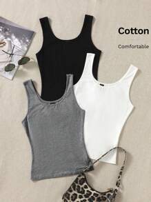 SHEIN EZwear 夏季服裝3入組實色背心上衣，外出裝 - 深灰色 - 查看 6