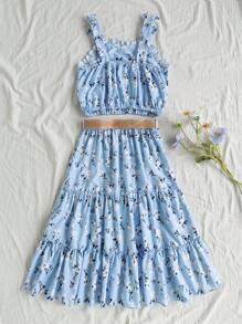 SHEIN Tween Girls 2pcs Light Blue Summer Casual Vacation Holiday Ditsy Floral Retro Bowknot Spaghetti Strap Camisole & Elasticated Waist Wide Flared Skirt - Blue - View 2