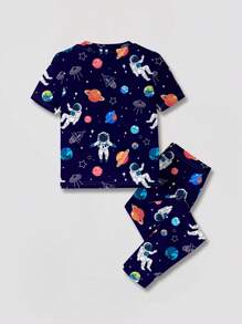 Young Boy Astronaut Cartoon Print Casual Minimalist Snug Fit Short Sleeve Romper, Suitable For All Seasons - Multicolor - View 2
