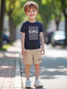 SHEIN Streecool Kids 男童夏季休閒字母印花2件套裝 - 寶藍色 - 查看 3