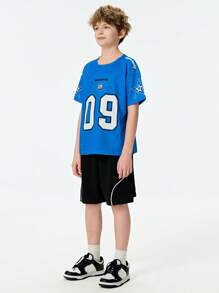 SHEIN 1pc Tween Boy Crew Neck Short Sleeve T-Shirt,Navy Blue,Summer,Streetwear,School Casual Loose Letter Print Soft Comfortable Digital Star Design Tee - Blue - View 5