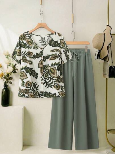 EMERY ROSE 2 件/套大码短袖衬衫和长裤，简约时尚日常休闲