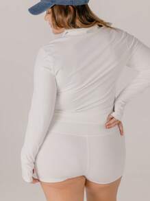 Aralina Curve Leisurewear Zip Front Long Sleeve Top And High Waist Biker Shorts Two Pieces Set - White - View 2