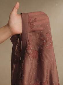 Anewsta 大码女式优雅刺绣长袖立领透明水钻装饰宽松衬衫，适合情人节、暑假、新年 - 咖啡棕 - 查看 8